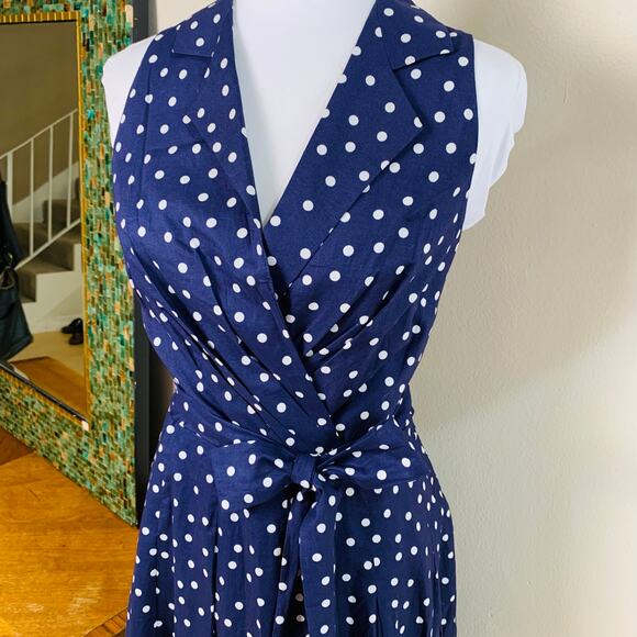 Evan Picone Size 14 Women's Polka Dot Wrap Fit & Flare Navy Blue White Retro - Picture 4 of 11